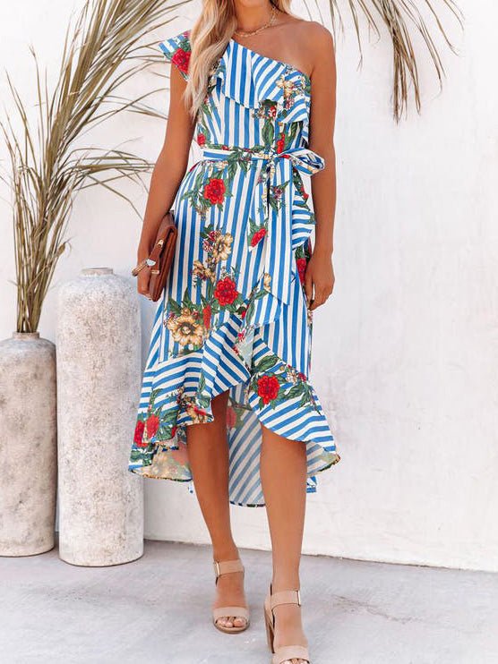 Women's Dresses One-Shoulder Ruffled Striped Irregular Dress - Maxi Dresses - Instastyled | Online Fashion Free Shipping Clothing, Dresses, Tops, Shoes - 09/06/2022 - Color_Blue - DRE2206094401