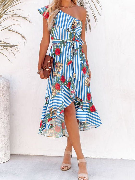 Women's Dresses One-Shoulder Ruffled Striped Irregular Dress - Maxi Dresses - Instastyled | Online Fashion Free Shipping Clothing, Dresses, Tops, Shoes - 09/06/2022 - Color_Blue - DRE2206094401