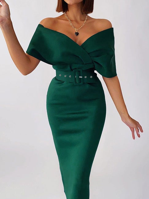 Women's Dresses One Word Collar Belt Bodycon Dresses - Midi Dresses - Instastyled | Online Fashion Free Shipping Clothing, Dresses, Tops, Shoes - 13/01/2022 - 30-40 - color-black