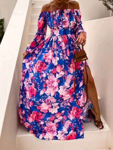 Women's Dresses One Word Collar Floral Print Long Sleeve Slit Dress - Maxi Dresses - Instastyled | Online Fashion Free Shipping Clothing, Dresses, Tops, Shoes - 01/07/2022 - 40-50 - color-blue