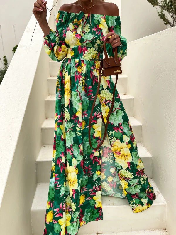 Women's Dresses One Word Collar Floral Print Long Sleeve Slit Dress - Maxi Dresses - Instastyled | Online Fashion Free Shipping Clothing, Dresses, Tops, Shoes - 01/07/2022 - 40-50 - color-blue