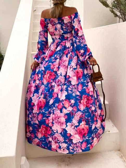 Women's Dresses One Word Collar Floral Print Long Sleeve Slit Dress - Maxi Dresses - Instastyled | Online Fashion Free Shipping Clothing, Dresses, Tops, Shoes - 01/07/2022 - 40-50 - color-blue