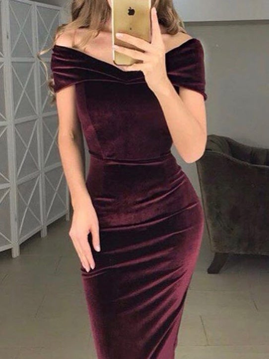 Women's Dresses One Word Collar Off-Shoulder Velvet Slim Fit Dress - Midi Dresses - Instastyled | Online Fashion Free Shipping Clothing, Dresses, Tops, Shoes - 17/01/2022 - 20-30 - Bodycon Dresses