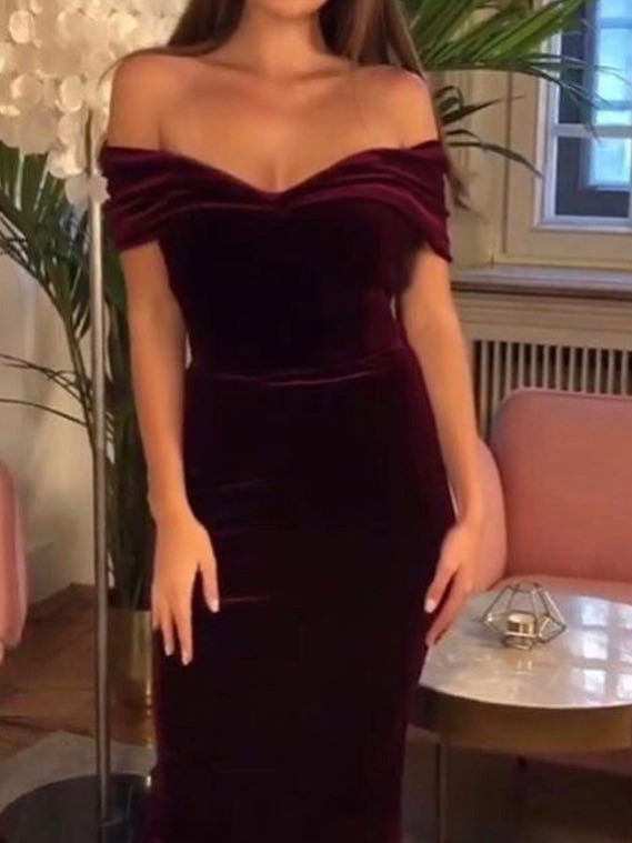Women's Dresses One Word Collar Off-Shoulder Velvet Slim Fit Dress - Midi Dresses - Instastyled | Online Fashion Free Shipping Clothing, Dresses, Tops, Shoes - 17/01/2022 - 20-30 - Bodycon Dresses