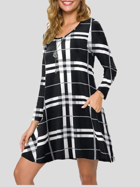 Women's Dresses Plaid Round Neck Pocket Long Sleeve Dress - Mini Dresses - INS | Online Fashion Free Shipping Clothing, Dresses, Tops, Shoes - 11/11/2021 - 20-30 - Casual Dresses