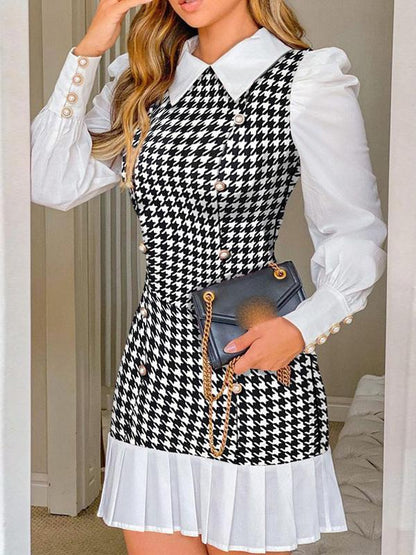 Women's Dresses Plaid Stitching Button Long Sleeve Shirt Dress - Mini Dresses - INS | Online Fashion Free Shipping Clothing, Dresses, Tops, Shoes - 30/09/2021 - Color_Black - Color_White