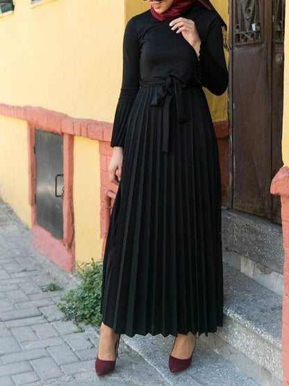 Women's Dresses Pleated Belted Flare Long Sleeve Dress - Maxi Dresses - Instastyled | Online Fashion Free Shipping Clothing, Dresses, Tops, Shoes - 08/12/2021 - 40-50 - color-black