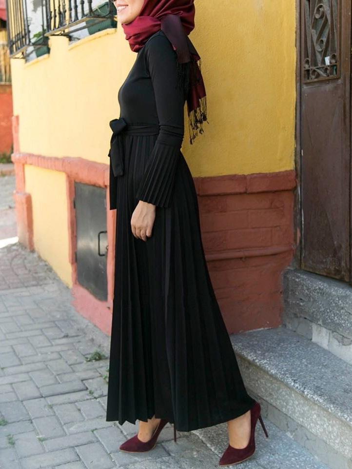 Women's Dresses Pleated Belted Flare Long Sleeve Dress - Maxi Dresses - Instastyled | Online Fashion Free Shipping Clothing, Dresses, Tops, Shoes - 08/12/2021 - 40-50 - color-black