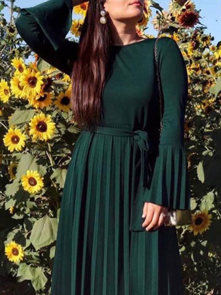 Women's Dresses Pleated Belted Flare Long Sleeve Dress - Maxi Dresses - Instastyled | Online Fashion Free Shipping Clothing, Dresses, Tops, Shoes - 08/12/2021 - 40-50 - color-black