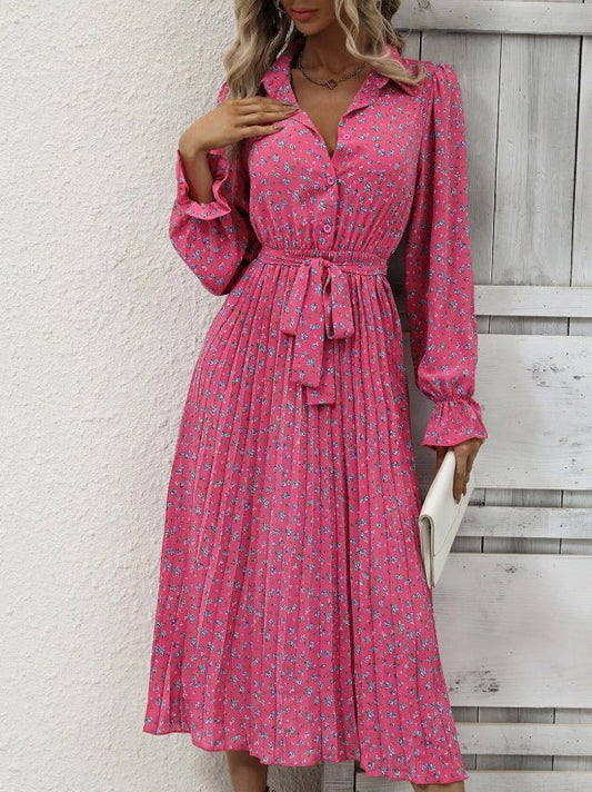 Women's Dresses Pleated Tie Long Sleeve Print Dress - Maxi Dresses - Instastyled | Online Fashion Free Shipping Clothing, Dresses, Tops, Shoes - 22/09/2022 - Color_Black - Color_Green