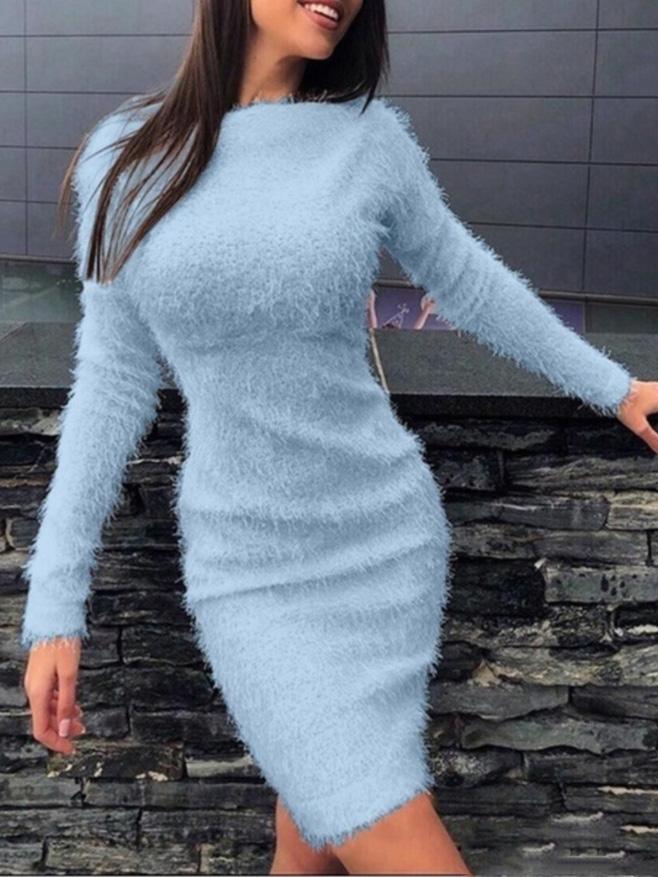 Women's Dresses Plush Long Sleeve Skinny Mini Dress - Mini Dresses - INS | Online Fashion Free Shipping Clothing, Dresses, Tops, Shoes - 20-30 - 26/09/2021 - color-blue