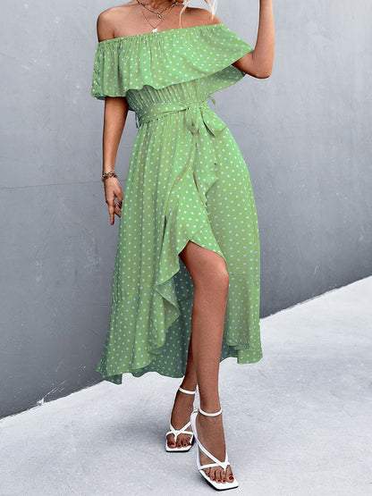 Women's Dresses Polka Dot Off-Shoulder Irregular Ruffle Slit Dress - Maxi Dresses - Instastyled | Online Fashion Free Shipping Clothing, Dresses, Tops, Shoes - 13/06/2022 - 30-40 - color-black