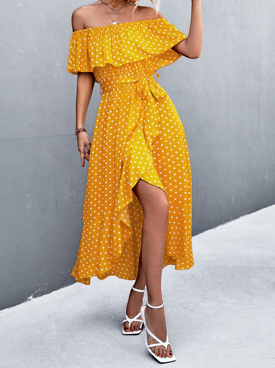 Women's Dresses Polka Dot Off-Shoulder Irregular Ruffle Slit Dress - Maxi Dresses - Instastyled | Online Fashion Free Shipping Clothing, Dresses, Tops, Shoes - 13/06/2022 - 30-40 - color-black