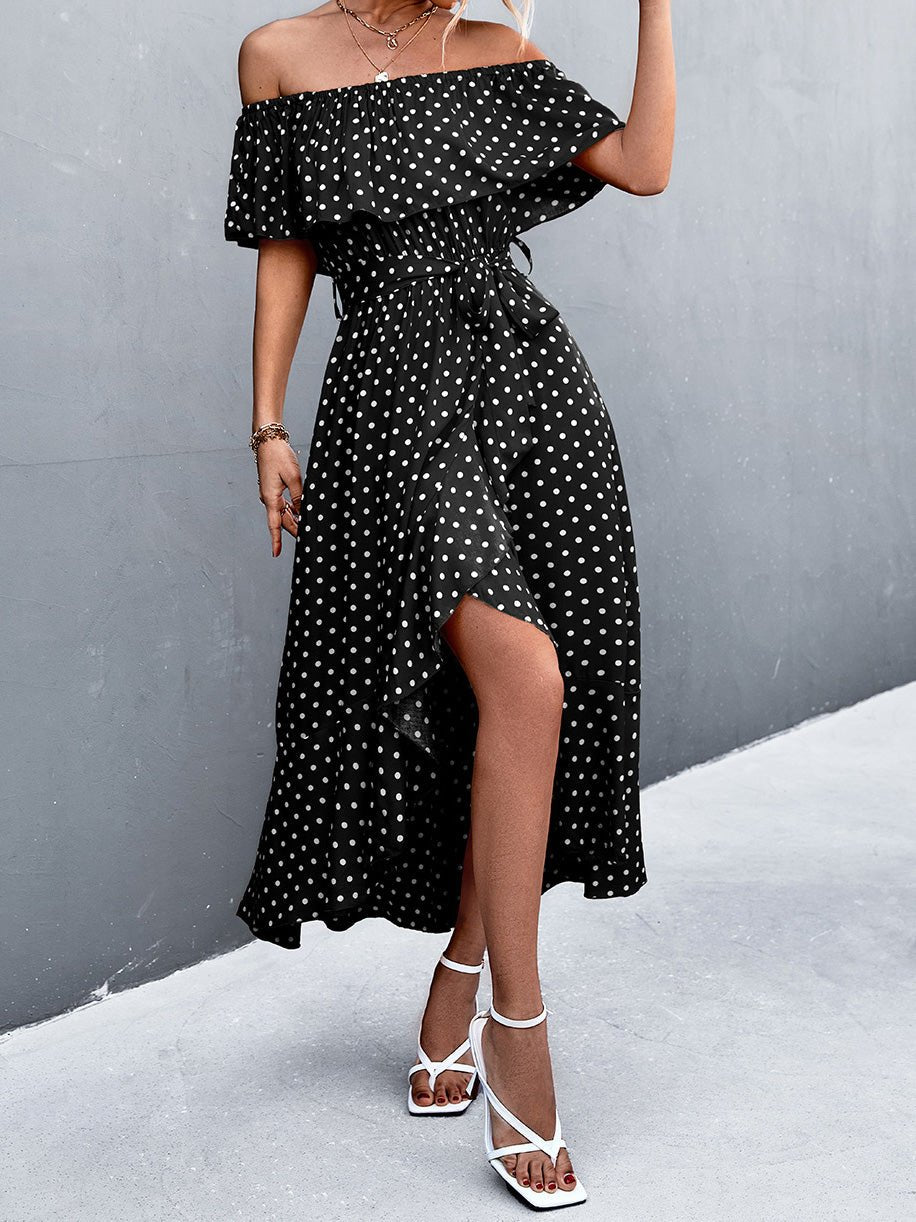 Women's Dresses Polka Dot Off-Shoulder Irregular Ruffle Slit Dress - Maxi Dresses - Instastyled | Online Fashion Free Shipping Clothing, Dresses, Tops, Shoes - 13/06/2022 - 30-40 - color-black