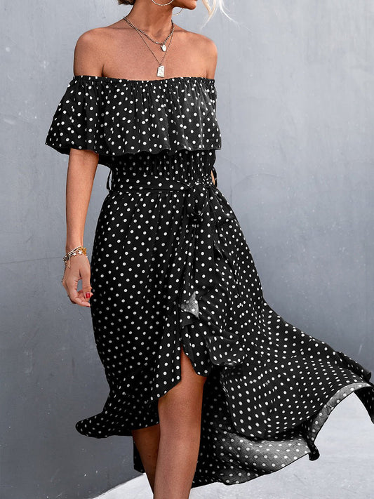 Women's Dresses Polka Dot Off-Shoulder Irregular Ruffle Slit Dress - Maxi Dresses - Instastyled | Online Fashion Free Shipping Clothing, Dresses, Tops, Shoes - 13/06/2022 - 30-40 - color-black