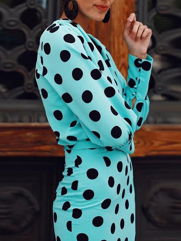 Women's Dresses Polka Dot Print V-Neck Long Sleeve Dress - Midi Dresses - Instastyled | Online Fashion Free Shipping Clothing, Dresses, Tops, Shoes - 15/08/2022 - color-blue_green - Color_Blue