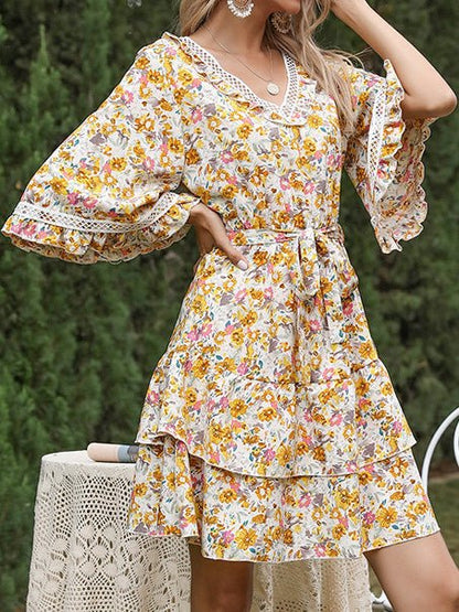 Women's Dresses Print Lace Panel Lace-Up Flare Sleeve Dress - Mini Dresses - Instastyled | Online Fashion Free Shipping Clothing, Dresses, Tops, Shoes - 24/09/2022 - color-yellow - Color_Yellow