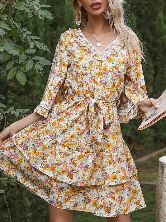 Women's Dresses Print Lace Panel Lace-Up Flare Sleeve Dress - Mini Dresses - Instastyled | Online Fashion Free Shipping Clothing, Dresses, Tops, Shoes - 24/09/2022 - color-yellow - Color_Yellow