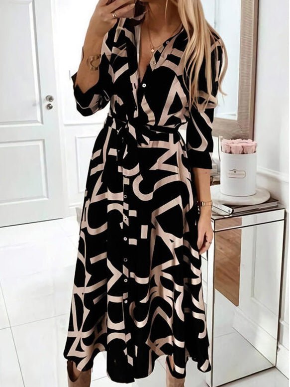 Women's Dresses Print Lace-Up Long Sleeve Shirt Dress - Maxi Dresses - Instastyled | Online Fashion Free Shipping Clothing, Dresses, Tops, Shoes - 27/07/2022 - Color_Black - DRE2207274925