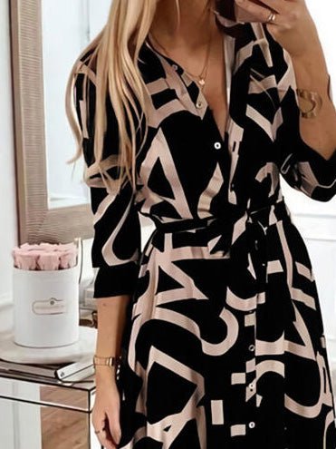 Women's Dresses Print Lace-Up Long Sleeve Shirt Dress - Maxi Dresses - Instastyled | Online Fashion Free Shipping Clothing, Dresses, Tops, Shoes - 27/07/2022 - Color_Black - DRE2207274925