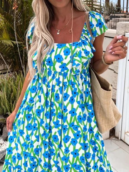 Women's Dresses Printed Bare Back Ruffle Sleeve Dress - Maxi Dresses - Instastyled | Online Fashion Free Shipping Clothing, Dresses, Tops, Shoes - 24/05/2022 - 30-40 - color-blue