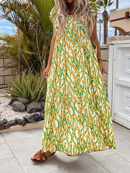 Women's Dresses Printed Bare Back Ruffle Sleeve Dress - Maxi Dresses - Instastyled | Online Fashion Free Shipping Clothing, Dresses, Tops, Shoes - 24/05/2022 - 30-40 - color-blue