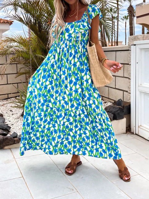 Women's Dresses Printed Bare Back Ruffle Sleeve Dress - Maxi Dresses - Instastyled | Online Fashion Free Shipping Clothing, Dresses, Tops, Shoes - 24/05/2022 - 30-40 - color-blue