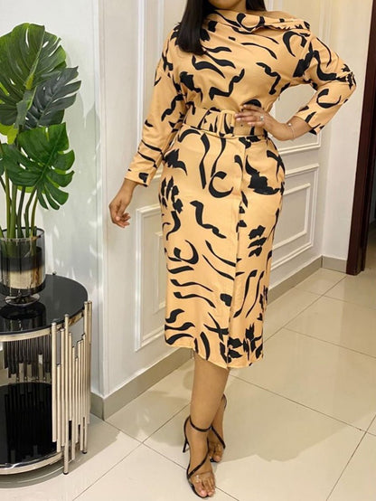 Women's Dresses Printed Belt Off Shoulder Long Sleeve Dress - Midi Dresses - Instastyled | Online Fashion Free Shipping Clothing, Dresses, Tops, Shoes - 27/08/2022 - color-khaki - Color_Khaki