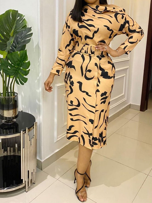 Women's Dresses Printed Belt Off Shoulder Long Sleeve Dress - Midi Dresses - Instastyled | Online Fashion Free Shipping Clothing, Dresses, Tops, Shoes - 27/08/2022 - color-khaki - Color_Khaki