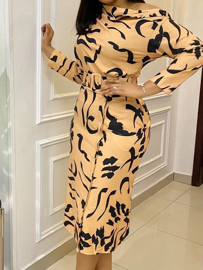 Women's Dresses Printed Belt Off Shoulder Long Sleeve Dress - Midi Dresses - Instastyled | Online Fashion Free Shipping Clothing, Dresses, Tops, Shoes - 27/08/2022 - color-khaki - Color_Khaki