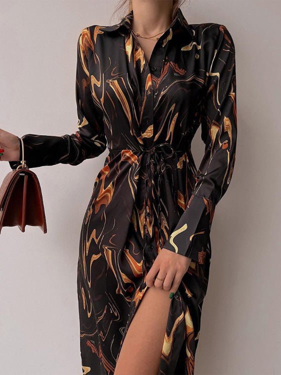 Women's Dresses Printed Button Belted Long Sleeve Shirt Dress - Midi Dresses - Instastyled | Online Fashion Free Shipping Clothing, Dresses, Tops, Shoes - 15/03/2022 - 40-50 - color-black