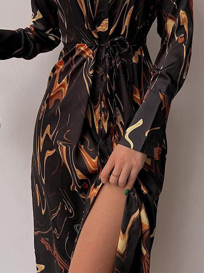 Women's Dresses Printed Button Belted Long Sleeve Shirt Dress - Midi Dresses - Instastyled | Online Fashion Free Shipping Clothing, Dresses, Tops, Shoes - 15/03/2022 - 40-50 - color-black