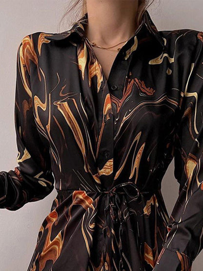 Women's Dresses Printed Button Belted Long Sleeve Shirt Dress - Midi Dresses - Instastyled | Online Fashion Free Shipping Clothing, Dresses, Tops, Shoes - 15/03/2022 - 40-50 - color-black