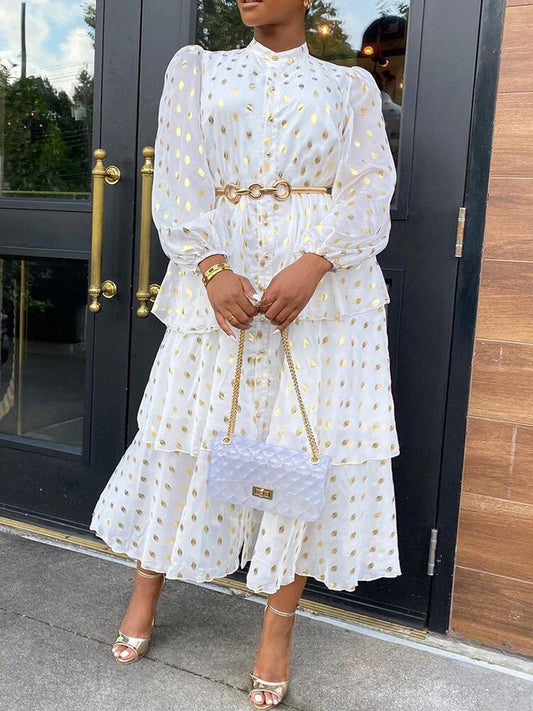 Women's Dresses Printed Button Long Sleeve Ruffle Dress - Maxi Dresses - Instastyled | Online Fashion Free Shipping Clothing, Dresses, Tops, Shoes - 31/08/2022 - color-white - Color_White