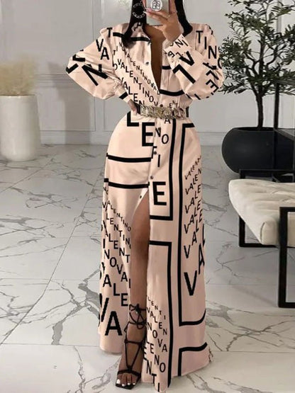 Women's Dresses Printed Button Long Sleeve Shirt Dress - Maxi Dresses - Instastyled | Online Fashion Free Shipping Clothing, Dresses, Tops, Shoes - 31/08/2022 - 40-50 - color-apricot