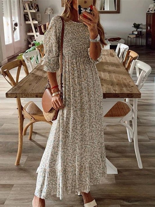 Women's Dresses Printed Crew Neck 3/4 Sleeve Casual Dress - Maxi Dresses - Instastyled | Online Fashion Free Shipping Clothing, Dresses, Tops, Shoes - 07/03/2022 - 40-50 - color-beige