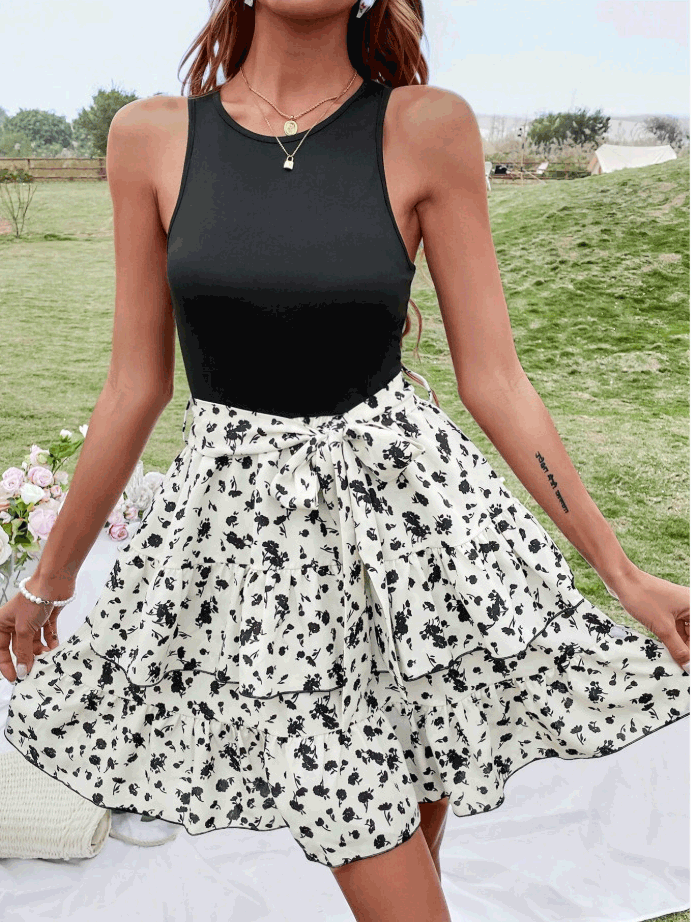 Women's Dresses Printed Crew Neck Belted Sleeveless Dress - Mini Dresses - Instastyled | Online Fashion Free Shipping Clothing, Dresses, Tops, Shoes - 01/06/2022 - Color_Black - Color_Green