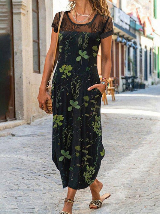 Women's Dresses Printed Crew Neck Lace Panel Dress - Maxi Dresses - Instastyled | Online Fashion Free Shipping Clothing, Dresses, Tops, Shoes - 07/03/2022 - 30-40 - Casual Dresses