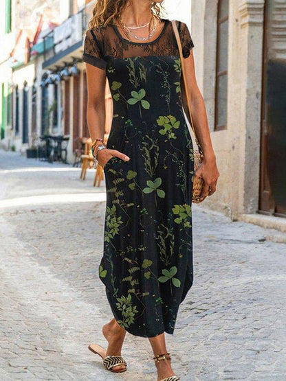 Women's Dresses Printed Crew Neck Lace Panel Dress - Maxi Dresses - Instastyled | Online Fashion Free Shipping Clothing, Dresses, Tops, Shoes - 07/03/2022 - 30-40 - Casual Dresses