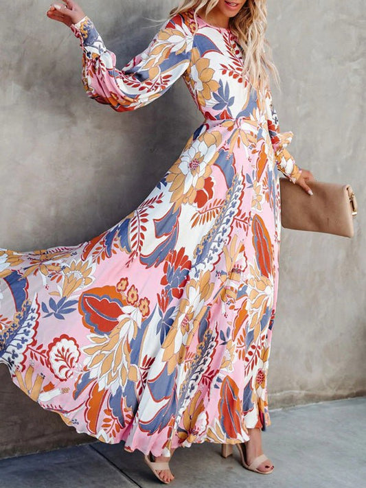 Women's Dresses Printed Crew Neck Long Sleeve Dress - Maxi Dresses - Instastyled | Online Fashion Free Shipping Clothing, Dresses, Tops, Shoes - 15/08/2022 - Color_Multicolor - DRE2208155146