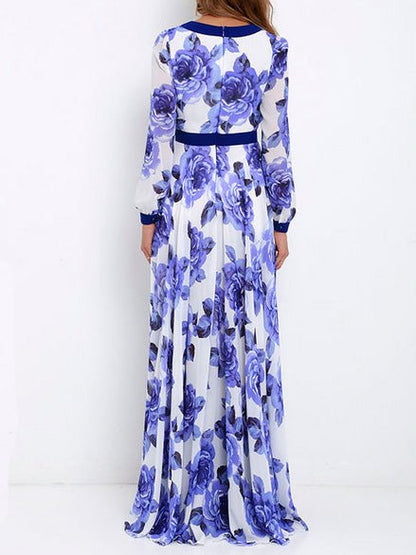 Women's Dresses Printed Deep V Long Sleeve Swing Dress - Maxi Dresses - Instastyled | Online Fashion Free Shipping Clothing, Dresses, Tops, Shoes - 25/07/2022 - Color_Blue - DRE2207254894