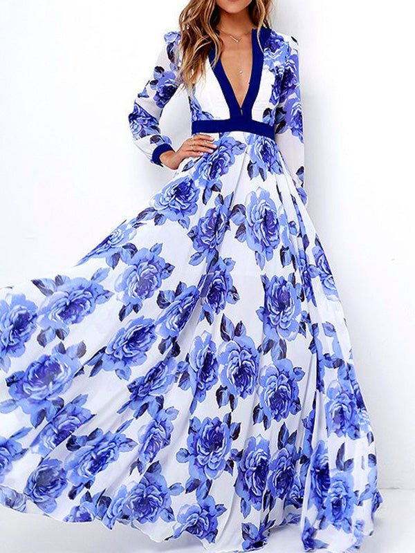 Women's Dresses Printed Deep V Long Sleeve Swing Dress - Maxi Dresses - Instastyled | Online Fashion Free Shipping Clothing, Dresses, Tops, Shoes - 25/07/2022 - Color_Blue - DRE2207254894