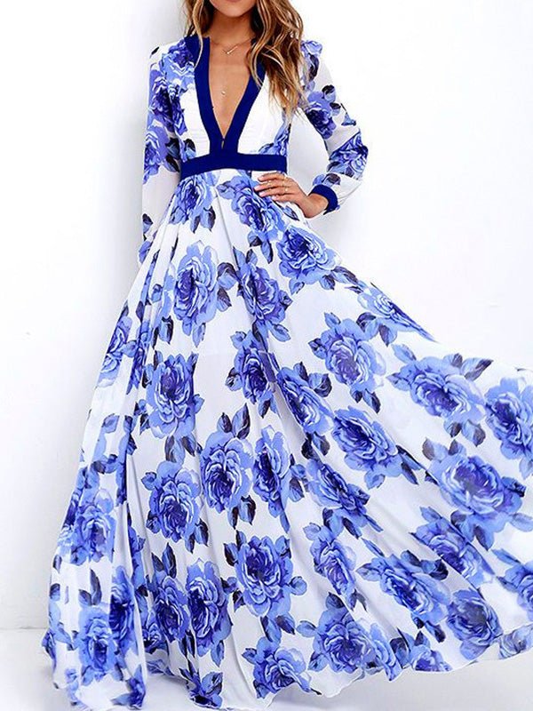 Women's Dresses Printed Deep V Long Sleeve Swing Dress - Maxi Dresses - Instastyled | Online Fashion Free Shipping Clothing, Dresses, Tops, Shoes - 25/07/2022 - Color_Blue - DRE2207254894