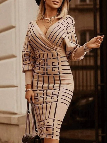 Women's Dresses Printed Deep V-Neck Long Sleeve Bodycon Dress - Midi Dresses - INS | Online Fashion Free Shipping Clothing, Dresses, Tops, Shoes - 09/10/2021 - Bodycon Dresses - Color_Apricot