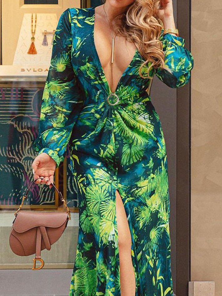 Women's Dresses Printed Deep V-Neck Slit Long Sleeve Dress - Maxi Dresses - Instastyled | Online Fashion Free Shipping Clothing, Dresses, Tops, Shoes - 09/03/2022 - 40-50 - color-green