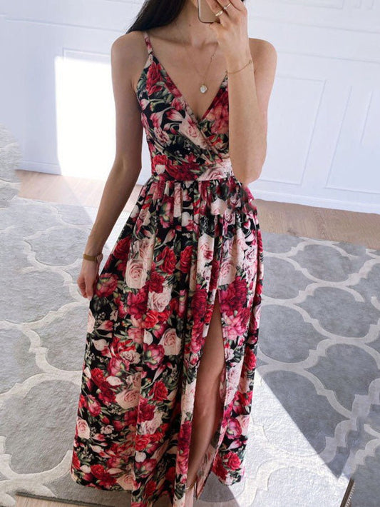 Women's Dresses Printed Deep V-Neck Slit Sling Dress - Maxi Dresses - Instastyled | Online Fashion Free Shipping Clothing, Dresses, Tops, Shoes - 20/05/2022 - 30-40 - color-pink