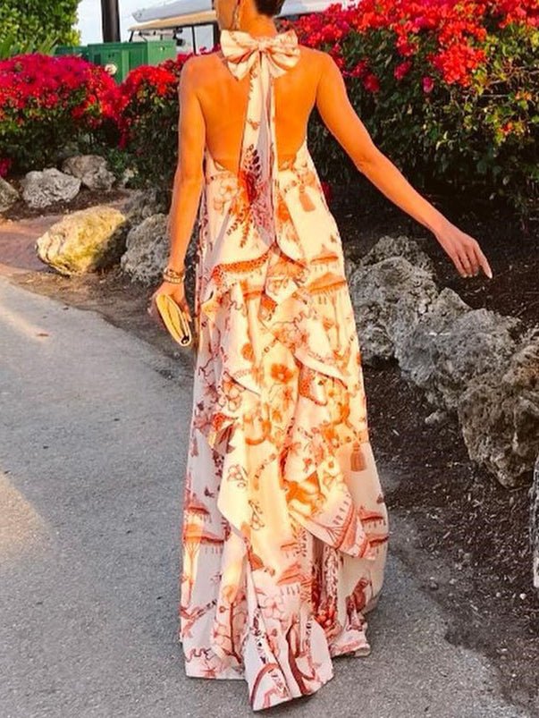 Women's Dresses Printed Halter Bare Back Bow Dress - Maxi Dresses - Instastyled | Online Fashion Free Shipping Clothing, Dresses, Tops, Shoes - 19/04/2022 - 40-50 - color-light_yellow