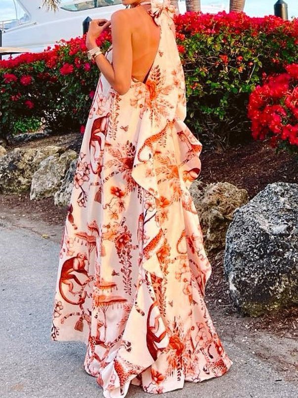 Women's Dresses Printed Halter Bare Back Bow Dress - Maxi Dresses - Instastyled | Online Fashion Free Shipping Clothing, Dresses, Tops, Shoes - 19/04/2022 - 40-50 - color-light_yellow