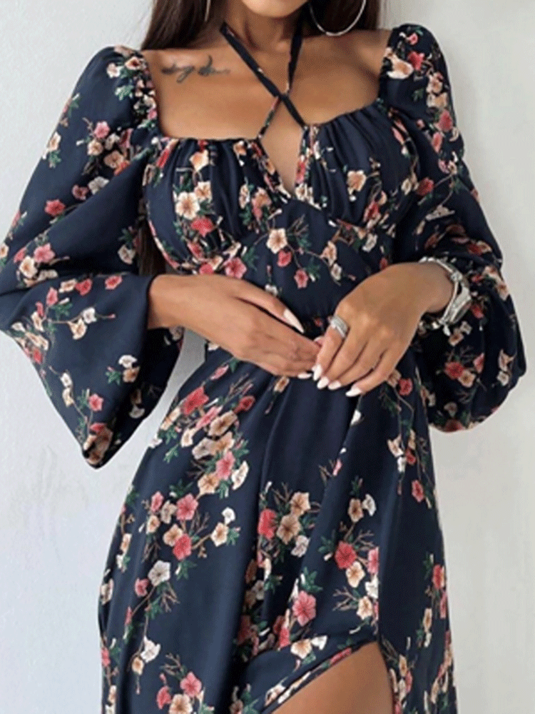 Women's Dresses Printed Halter Neck Bubble Long Sleeve Split Dress - Midi Dresses - INS | Online Fashion Free Shipping Clothing, Dresses, Tops, Shoes - 20/11/2021 - Color_Black - Color_Blue