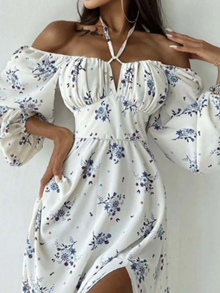 Women's Dresses Printed Halter Neck Bubble Long Sleeve Split Dress - Midi Dresses - INS | Online Fashion Free Shipping Clothing, Dresses, Tops, Shoes - 20/11/2021 - Color_Black - Color_Blue